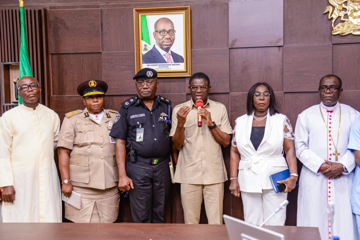 Kidnap of catholic priests: Edo State Acting Gov. Rt. Hon. Comrade Philip Shaibu meets security chiefs, assures security in churches, communities