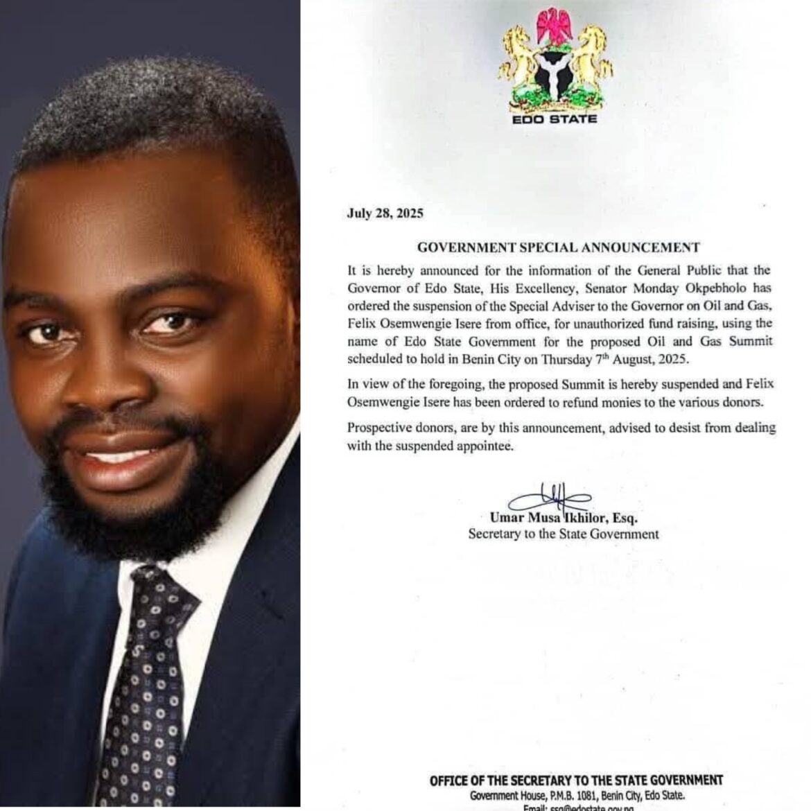 EXCLUSIVE: Confidential Sources Leak Explosive Details Behind Okpebholo’s Suspension of Felix Isere